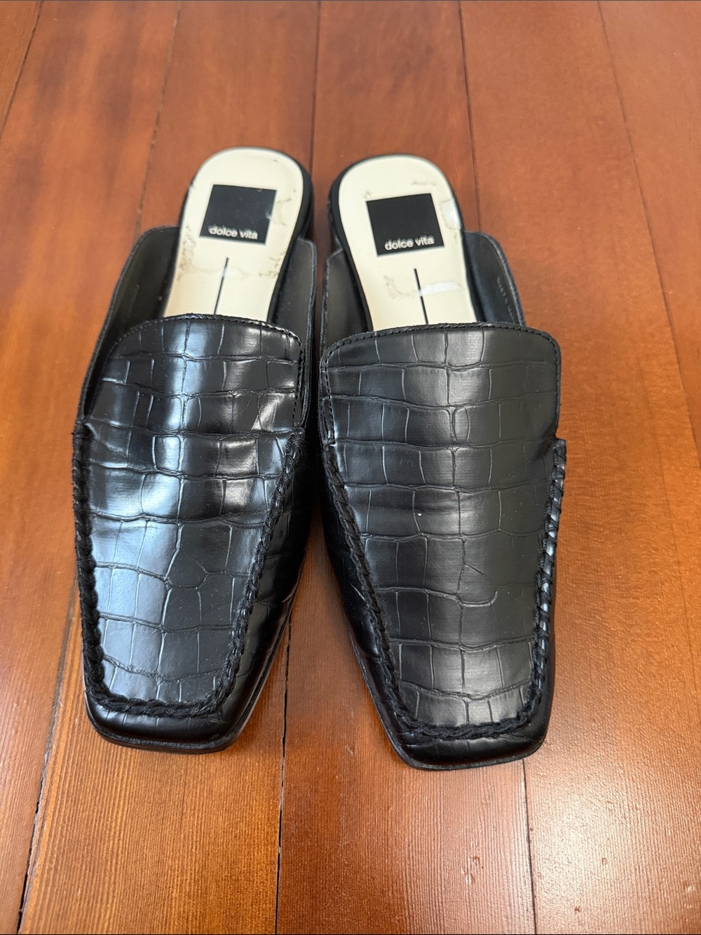 Dolce Vita Black Croc-Embossed Leather Slip-On Mules